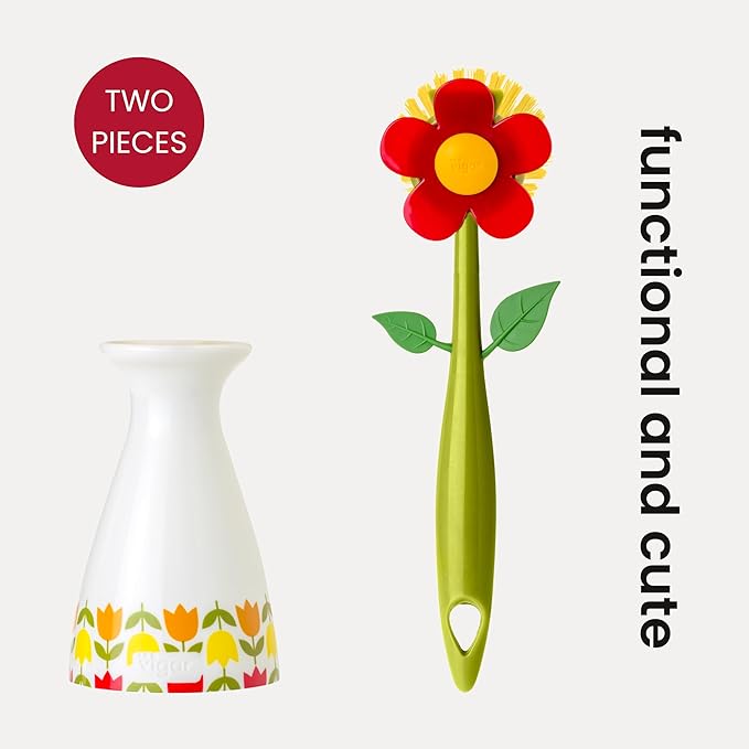 Vigar Flower Power Dish Brush with Vase Brush Holder, Dish Brush with Handle for Pot Scrubber, Dishes, Sink, and Kitchen Essentials, White, Red