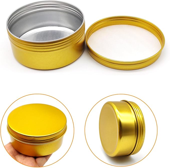 6pcs 150ml Aluminum Tin Jars with Screw Cap Lids, 5oz Empty Makeup Lip Balm Containers Round Travel Jars Cosmetics Pots, Gold Metal Cans for Slime Salve Cream Candle Powder Tea Beads Paints