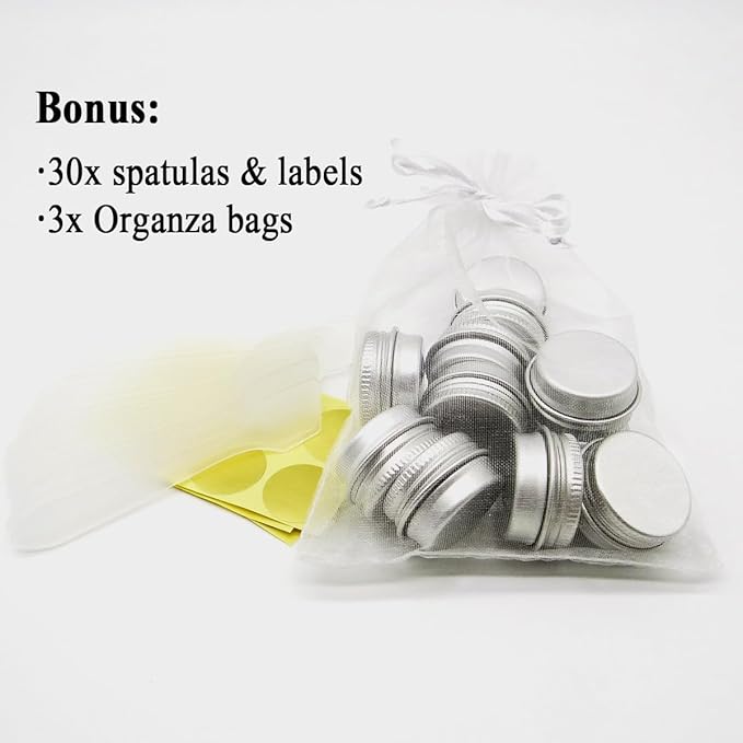 30 pack 5ml Round Lip Balm Tin Cans, 5g Aluminum Makeup Sample Containers with Screw Lid, Empty Silver Metal Tins Pot Storage Travel Tin Jars for Cosmetic, Cream, Candle, Tea, 5 Gram Tins