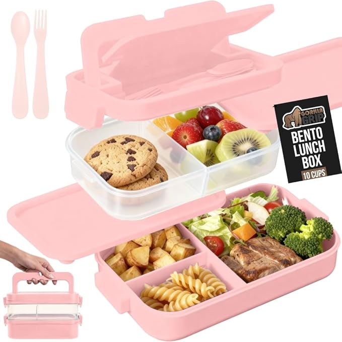 GORILLA GRIP BPA-Free Leakproof 5-Compartment Bento Lunch Box for Adults, Kids, Holds 10 Cups, Microwave Safe Hot and Cold Food Containers, Easy to Carry Lid Includes Built-In Utensils Set, Pink