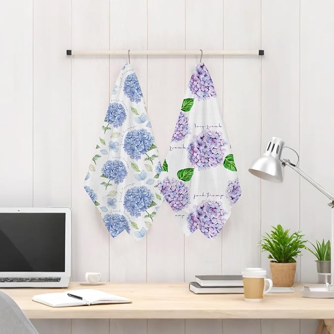 Jztco 2Pcs Hydrangea Spring Kitchen Towels 24x14 Inch, Hydrangea Waffle Hand Towels for Kitchen Home Decor, Absorbent Microfiber Dish Cloth Tea Towel, Floral Housewarming Gifts for Women Mom