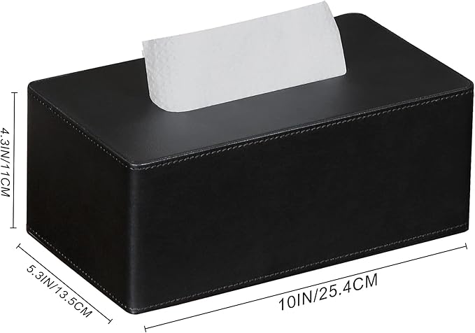 Tissue Box Cover Rectangular 9.8"(L) x 5.3"(W) x 4.3"(H) Refined Modern PU Leather Facial Tissue Dispenser Box Holder for Dresser Bathroom Decorative (Black)