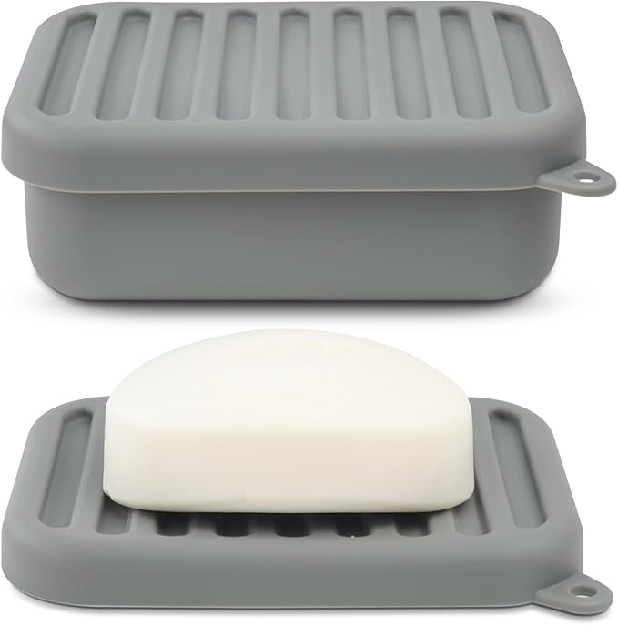 Superior Leak-Proof Silicone Travel Soap Case with Drainage Lid/Layer, Compact Bar Soap Container, Durable Soap Holder for Camping, Gym, and Travel Size Toiletries (Gray)