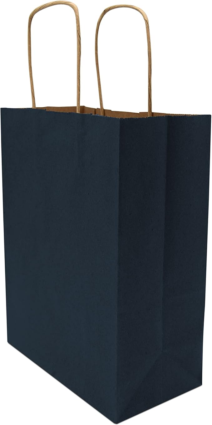 Prime Line Packaging Paper Gift Bags, Navy Blue Gift Bags Small with Handles, Shopping Bags for Business, Goodies, Party Favor, Welcome, Graduation, Bulk, 8x4x10, 100 Pack