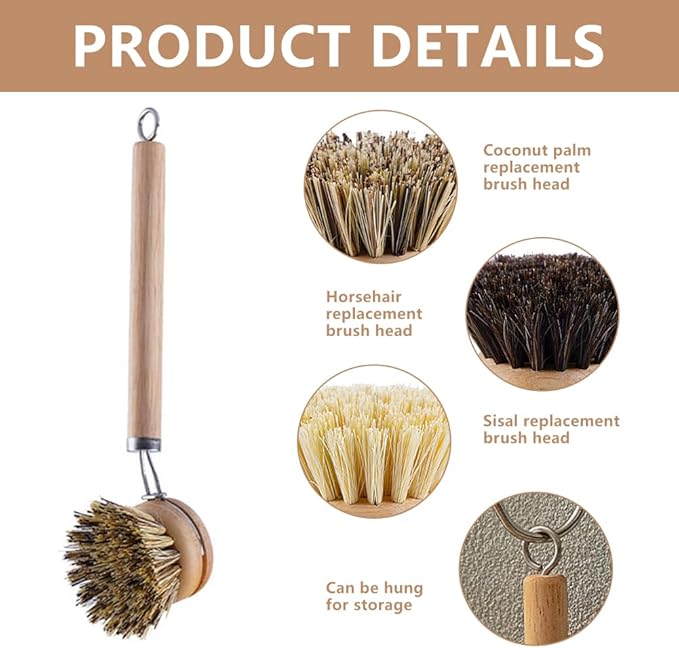 Dish Brush with Handle - 1 Sturdy Wooden Handle with 3 Natural Bristle Heads All-Purpose Kitchen Scrubber, Bamboo Wok Brush Fruit & Veggie Scrubber Eco-Friendly Brush for Pots, Pans, Oven