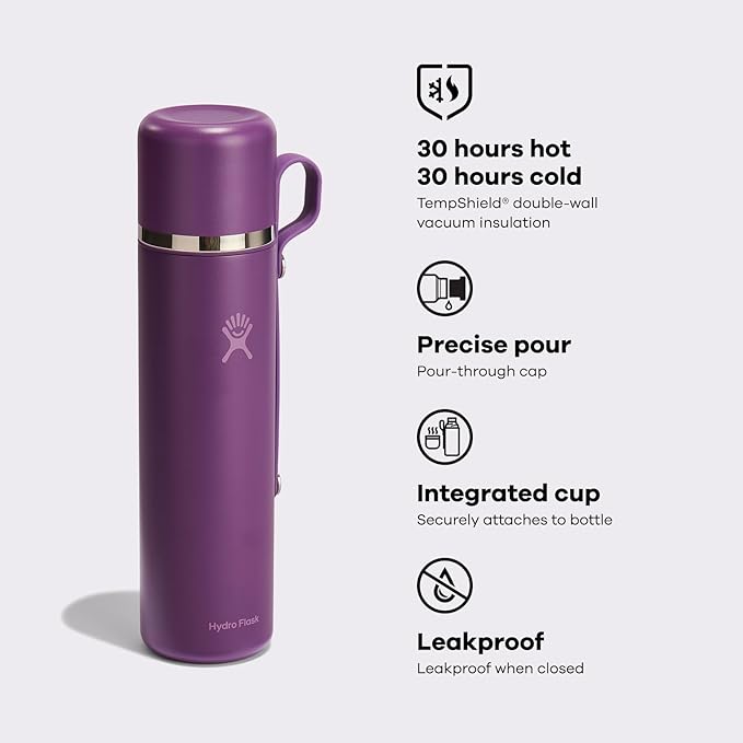 Hydro Flask Hot Flask & Cup – Insulated Stainless Steel, Hot Drink Travel Container for Coffee 36 Oz Beachplum Purple