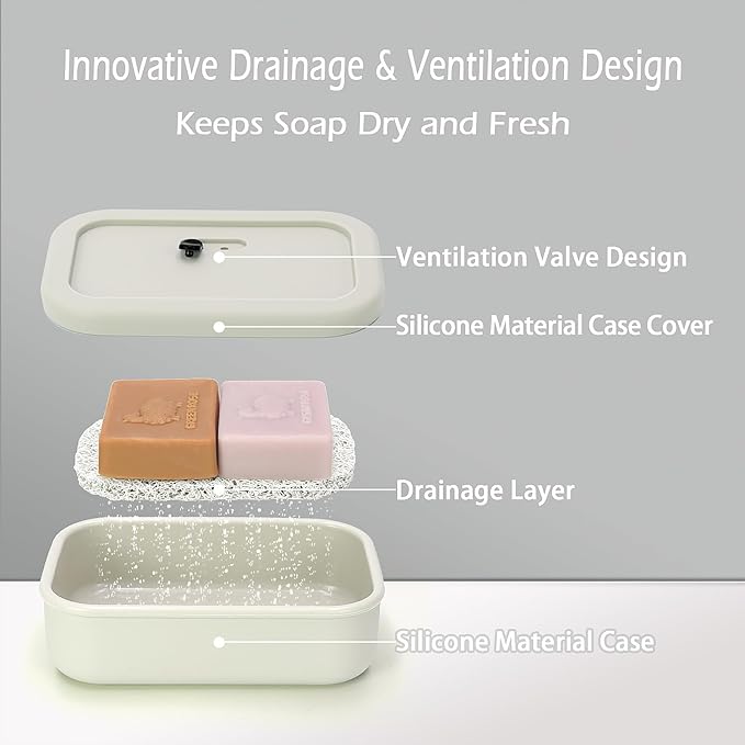 Enhanced Leak Proof Travel Soap Case,Shatterproof Silicone Soap Holder for Traveling, Shampoo and Conditioner Bars Dish with Slip Soap Saver Pad,Portable Soap Box (Offwhite&Offwhite)