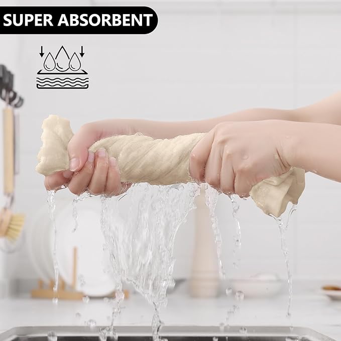 Fintale 100% Cotton Kitchen Towels and Dishcloths Set, 12 x 12 & 15 x 25 Inches, Set of 12 Bulk Super Soft and Absorbent Terry Cloth Dish Towels, Quick Drying Hand Towels with Hanging Loop, Beige