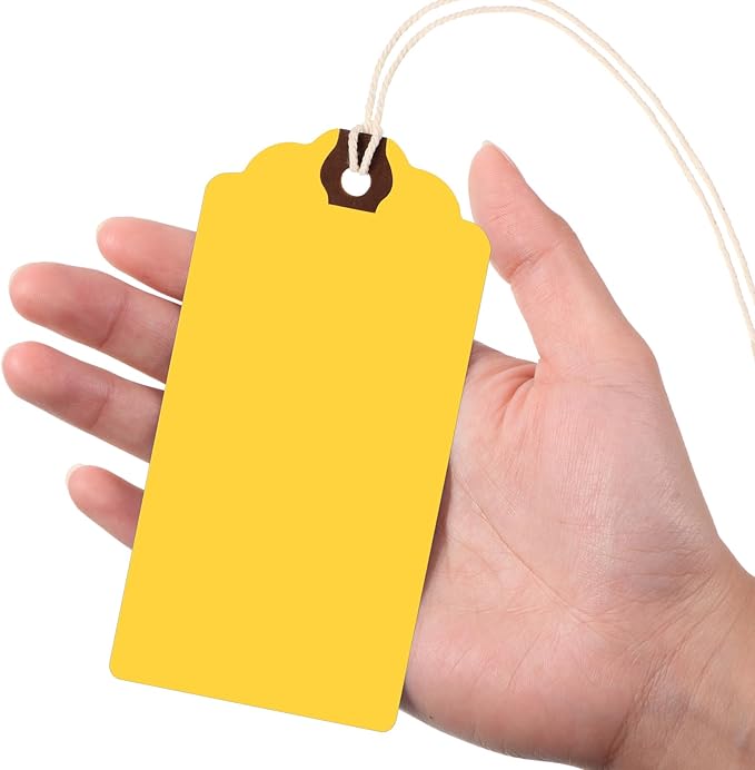 Outus 60 Pcs 4 3/4-in x 2 3/8-in Blank Large Paper Gift Tags with String and Reinforced Eyelet Wire Writable Price Tags Shipping Labels Inventory Labels(Orange)