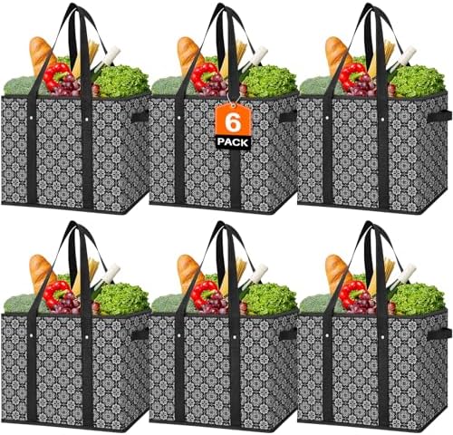 Reusable Grocery Bags 6 Pack, Foldable & Water Resistant Shopping Bags by WiseLife