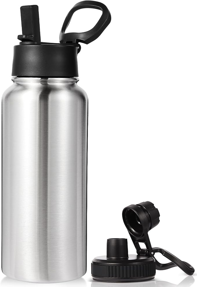 Neihepal 32 oz Insulated Water Bottle with 2 Lids (Straw & Spout Lid), 18/8 Stainless Steel Double Wall Water Bottles for Gym, Travel, Camping, Sports (Silver,1 Pack)