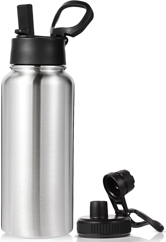 Neihepal 32 oz Insulated Water Bottle with 2 Lids (Straw & Spout Lid), 18/8 Stainless Steel Double Wall Water Bottles for Gym, Travel, Camping, Sports (Silver,1 Pack)
