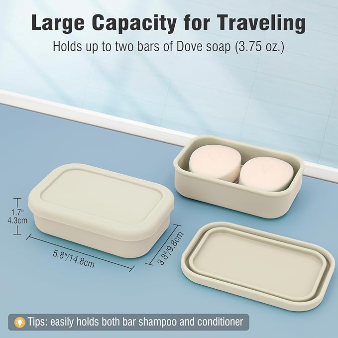 Enhanced Leak-Proof Travel Soap Case with Draining Pad, Silicone Soap Container for Traveling, Shampoo Bar Travel Case for Camping, Gym, Easy to Clean (Off-white)