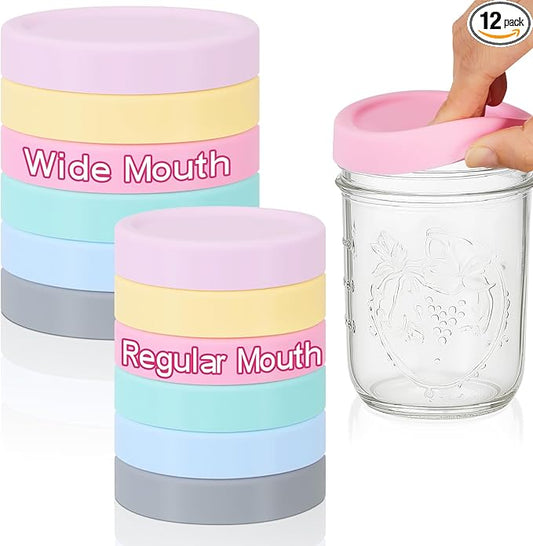 12 Pcs Mason Jars 6 Wide and 6 Regular Mouth Lids Mason Jar Lids Thickened Leak Proof Lid for 86 mm and 70 mm Wide and Regular Mouth, Reusable Canning Jar Caps(Macaron)