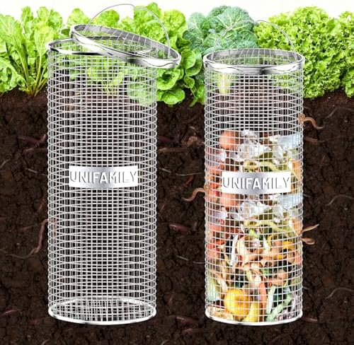UNIFAMILY 2pcs Inground Worm Composting Bin, Stainless Steel Outdoor Compost Bin with Handle, Worm Composter, Worms Bins for Composting Recycling Kitchen Food Waste by UNIFAMILY