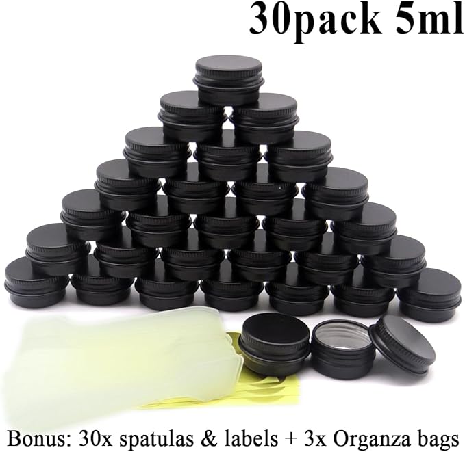 30 pack 5 ml Black Lip Balm Tin Cans, 5g Mini Aluminum Makeup Sample Containers with Screw Lid, Empty Metal Tins Pot Storage Travel Jars for Cosmetic, Cream, Candle, Tea, 5 Gram Small Tins
