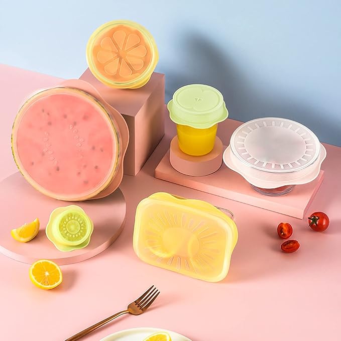 Silicone Stretch Lids Set for Food Storage, Fruit Pattern Food-grade Reusable Silicone Sealing Food Covers for Fresh-keeping Bowl Container Microwave and Dishwasher Safe (6 pcs of Different Sizes)
