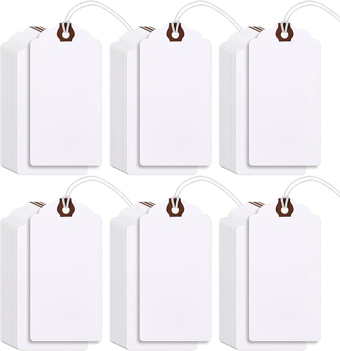 Outus 60 Pcs 4 3/4-in x 2 3/8-in Blank Large Paper Gift Tags with String and Reinforced Eyelet Wire Writable Price Tags Shipping Labels Inventory Labels(White)