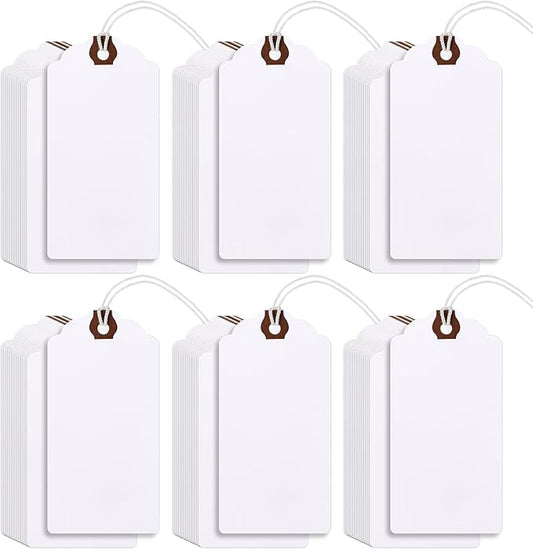 Outus 60 Pcs 4 3/4-in x 2 3/8-in Blank Large Paper Gift Tags with String and Reinforced Eyelet Wire Writable Price Tags Shipping Labels Inventory Labels(White)