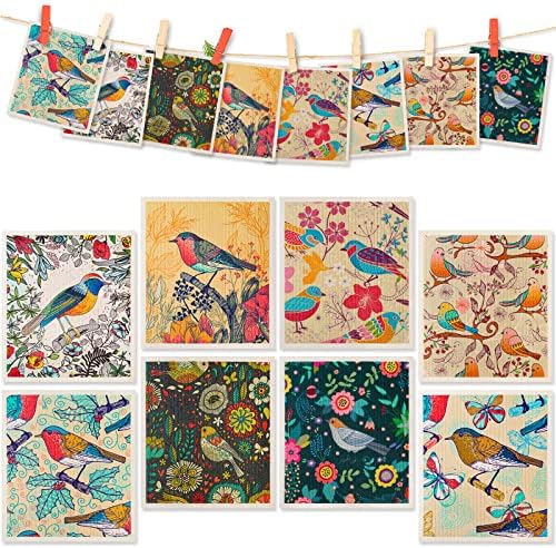 Lucomb 8 Pack Swedish Dishcloths for Kitchen, Reusable Soft Kitchen Towels Dish Cloths Set Absorbent Sponge Cleaning Washable Quick Drying Bar Hand Washing (Birds Flowers) by Lucomb
