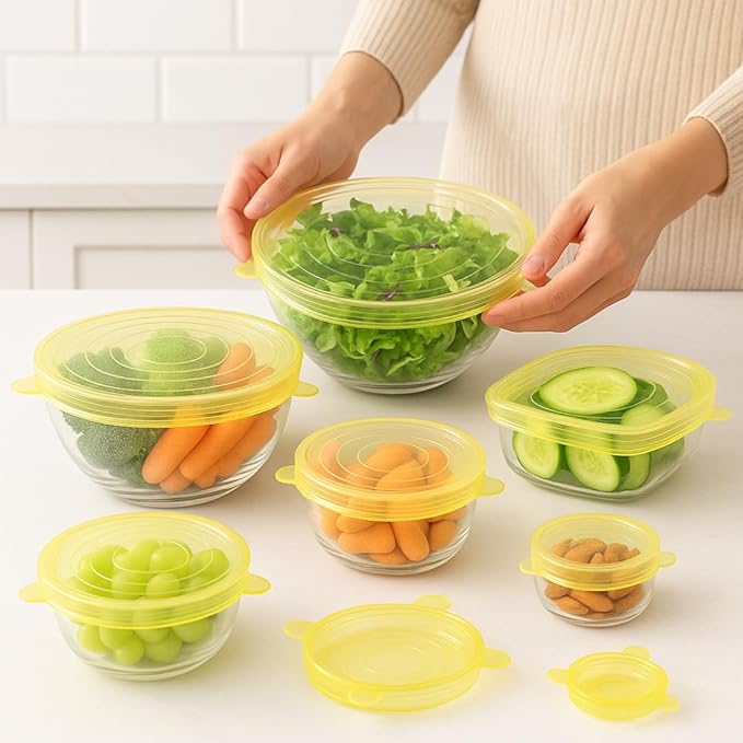 Reusable Silicone Stretch Lids | 6 Pack Food Storage Covers for Bowls, Containers & Cups | Airtight, Leakproof, BPA-Free, Microwave & Freezer Safe | Flexible Reusable Food Savers Yellow