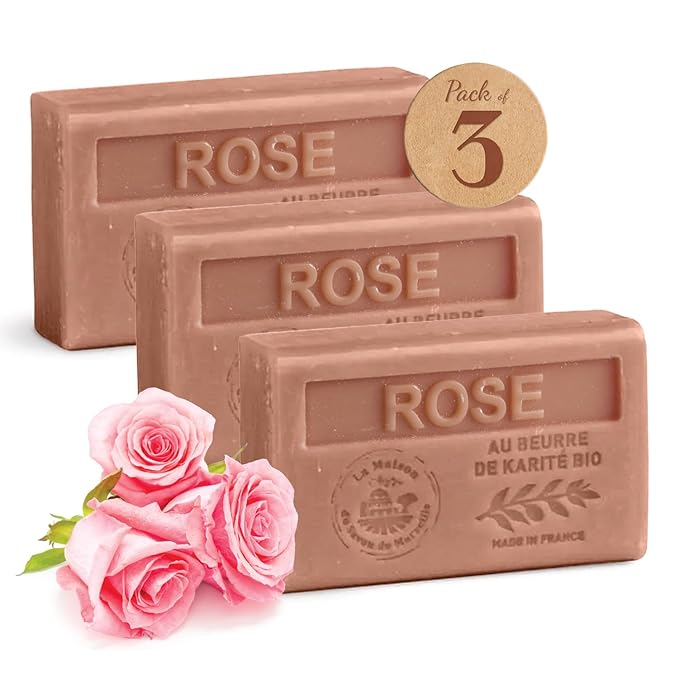 Hand & Body Soap Bars Trio - Rose Moisturizing French Soap with Organic Shea Butter - Rich Creamy Lather - 97% Natural Ingredients - Solid Bath Cleanser Made in Provence - 3x4.4 oz
