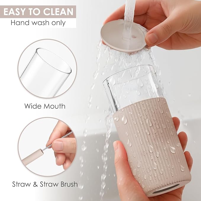 SANDJEST Glass Tumbler with Straw and Lid, Glass Water Bottle with Silicone Sleeve 20oz, Smoothie, Iced Coffee Cup, Gifts for Women Teen Girls Birthday Christmas (Light Brown)