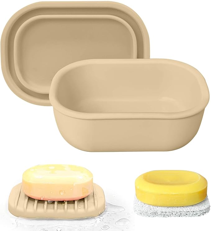 Leakproof Silicone Travel Soap Case with Drainage Layer, Silicone Bar Soap Holder Compact Portable Shatterproof Soap Container Box for Bathroom Gym Camp Travel Toiletries (Sand, Drainage Lid)