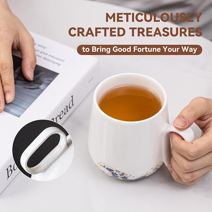 14.6oz Jadeite Ceramic Coffee Mug with Wave Design, 1340℃ High-Fire Unique Mug - Lead-Free, Microwave Safe, Gift for Coffee/Tea Lovers (Symbol of Freedom & Courage)