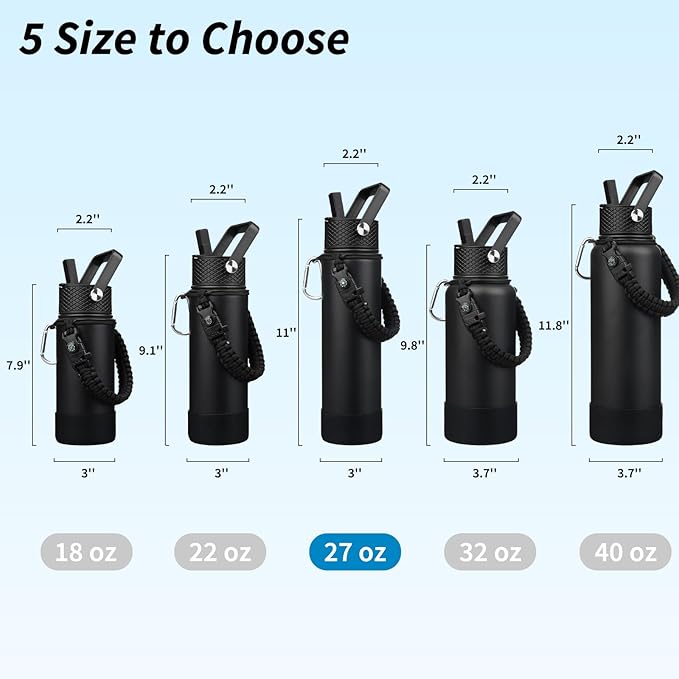 BJPKPK 27oz Insulated Water Bottles with 3 Lids, Paracord Handle & Non-slip Boot, Stainless Steel Metal Water Bottle with Straw, BPA Free Leak Proof Thermal Flasks, Tumblers,Black