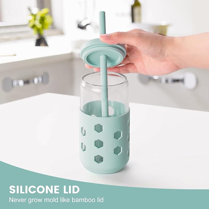 Glass Cups with Lids and Straws (4 Pcs), 16oz Drinking Glasses Set with Silicone Sleeves for Coffee Bar Accessories Iced Coffee Cups with Lids, Glass Tumbler Reusable for Gifts