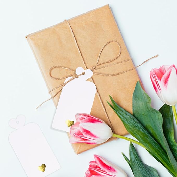joycraft 100pcs Blank Gift Tags with String, 4x2 in White Paper Tags with Foil Gold Heart, Personalized Gift Wrapping Labels for Birthday, Baby Shower, Wedding, Valentine's Day