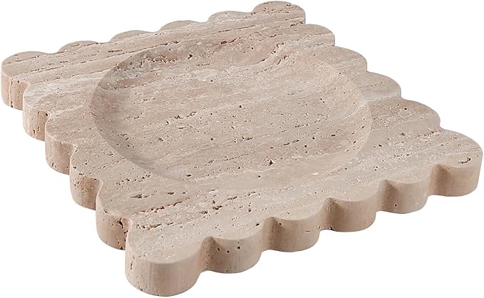 Natural Travertine Tray with Scalloped Edge, Vanity Decorative Tray for Countertop Organizer, Catchall Tray for Perfume, Candles, Jewelry Dish