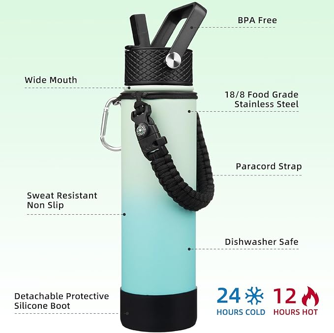 BJPKPK 27oz Insulated Water Bottles with 3 Lids, Paracord Handle & Non-slip Boot, Stainless Steel Metal Water Bottle with Straw, BPA Free Leak Proof Flasks, Tumblers,Mint