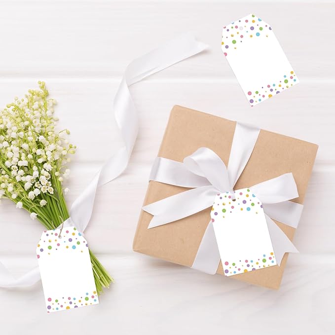 Anwyll Gift Tags with String - 100Pcs Colorful Confetti Polka Dot Gift Bag Tags Personalized White Blank Hanging Paper Label Tag for Birthday Party Bridal Shower Wedding Spring Easter Favors Present