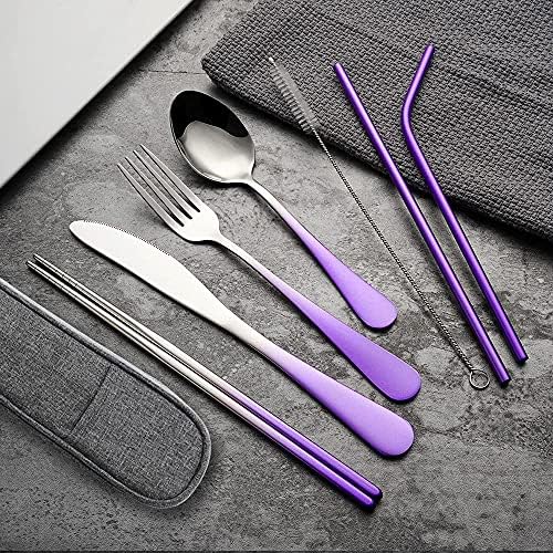 Travel Utensils Set with Case Reusable Portable Cutlery Set Stainless Steel 8pcs Including Dinner Knife Fork Spoon Chopsticks straws (Gradient Purple) - Image 2