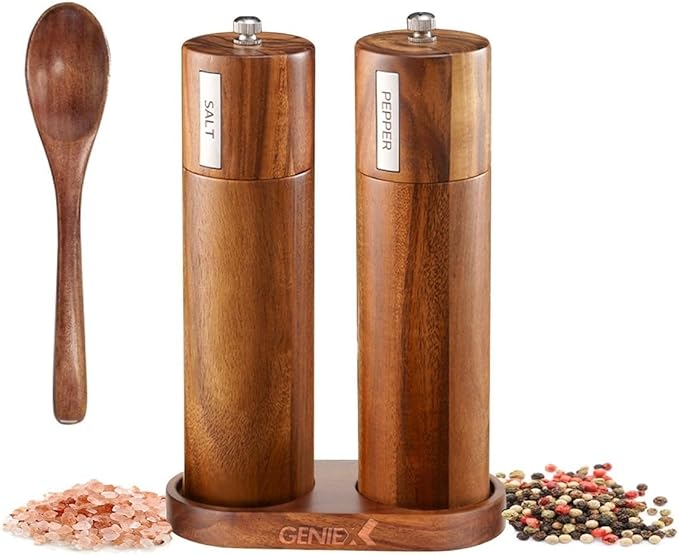 KING Acacia Salt Pepper Wood Grinders, Wooden Salt and Pepper Grinder Set, Refillable and Adjustable, 8" Tall Manual Salt Pepper Grinder Mill 2pcs, Cool House Warming Gift and Home Gifts