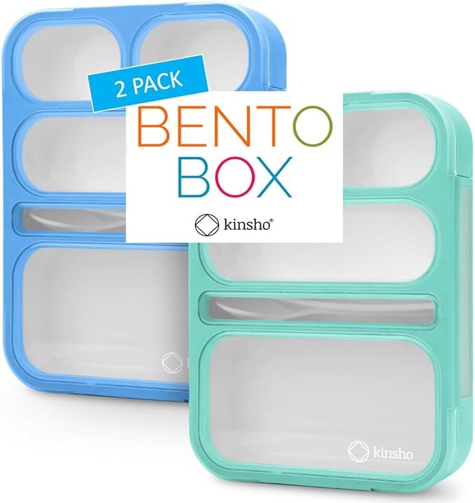 kinsho Bento Lunch-Box for Adults Kids Lunches, Portion Control Container Boxes for Women Girls Boys | Leak-proof Snack Containers, BPA-Free Utensils5 Compartments | Blue & Green 2 pack Set