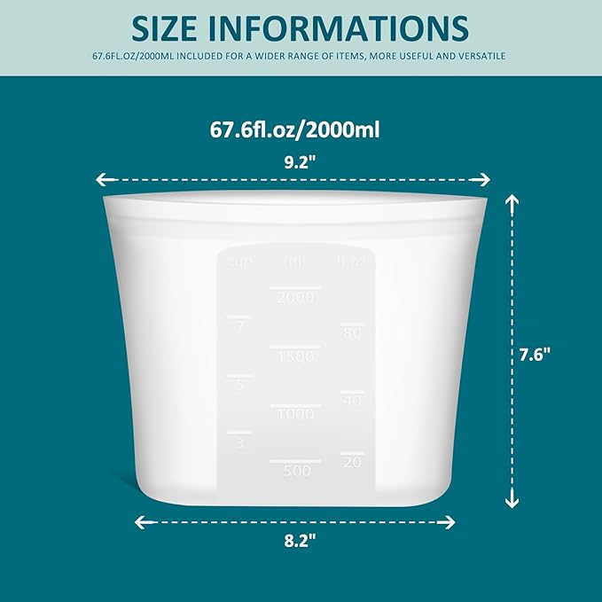 Large Reusable Silicone Food Storage Bags 4 Pack, 0.44 Gallon/2000ml, 100% Silicone Stand-Up Wide-Open Zip-Lock Reusable Bags for Large Items, Microwave Freezer Oven Dishwasher Safe, Translucent