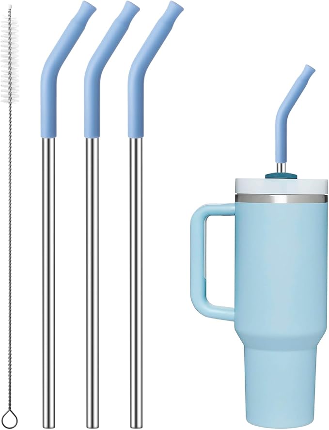 Reusable Metal Straws with Silicone Tip for Stanley 40oz,Stainless Steel Drinking Straws for 40oz Tumbler,3 Straight Tubes & 6 Tips& 1 Cleanr Brush(Chambray)