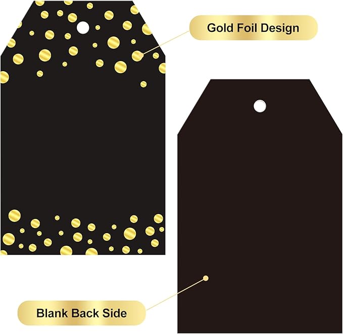 Anwyll Gift Tags with String - 100Pcs Gold Foil Metallic Confetti Polka Dot Gift Bag Tags Personalized Black Blank Hang Paper Label Tag for Birthday Party Bridal Shower Wedding Christmas Favor Present