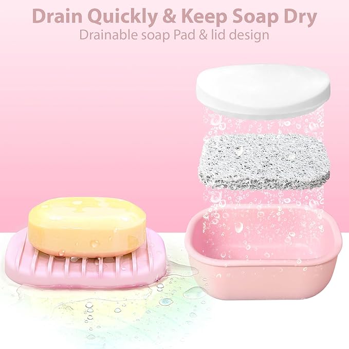 Leakproof Silicone Travel Soap Case with Drainage Layer, Silicone Bar Soap Holder Compact Portable Shatterproof Soap Container Box for Bathroom Gym Camp Travel Toiletries (Pink, Drainage Lid)