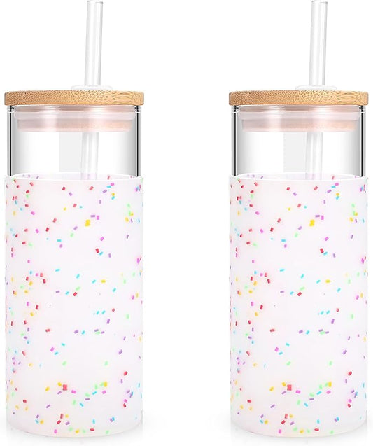 Tronco 20 oz Glass Tumbler with Lid and Straw, Iced Coffee Cup and Smoothie Cup with Bamboo Lids & Protective Silicone Sleeve, Dishwasher Safe, BPA-Free, Glass Cup 2 Pack