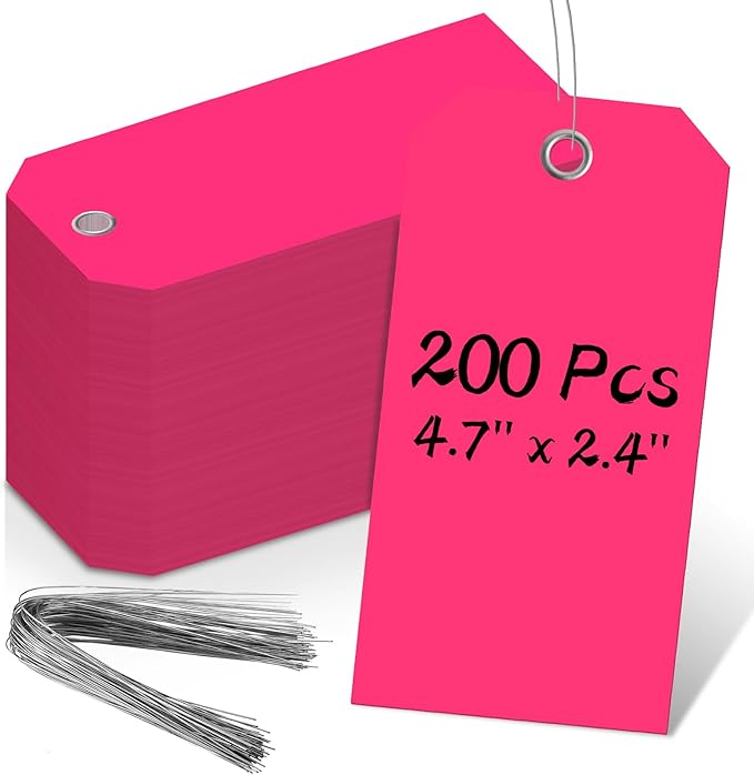 200 PCS 4 3/4" x 2 3/8" Neon Color Shipping Tags with Wire Paper Heavy Duty Hang Tags with Reinforcement Holes Writable Luggage Tag with String Durable Marking Tags (Neon Pink, 4 3/4" x 2 3/8")