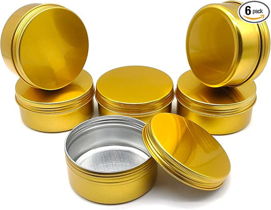 6pcs 150ml Aluminum Tin Jars with Screw Cap Lids, 5oz Empty Makeup Lip Balm Containers Round Travel Jars Cosmetics Pots, Gold Metal Cans for Slime Salve Cream Candle Powder Tea Beads Paints