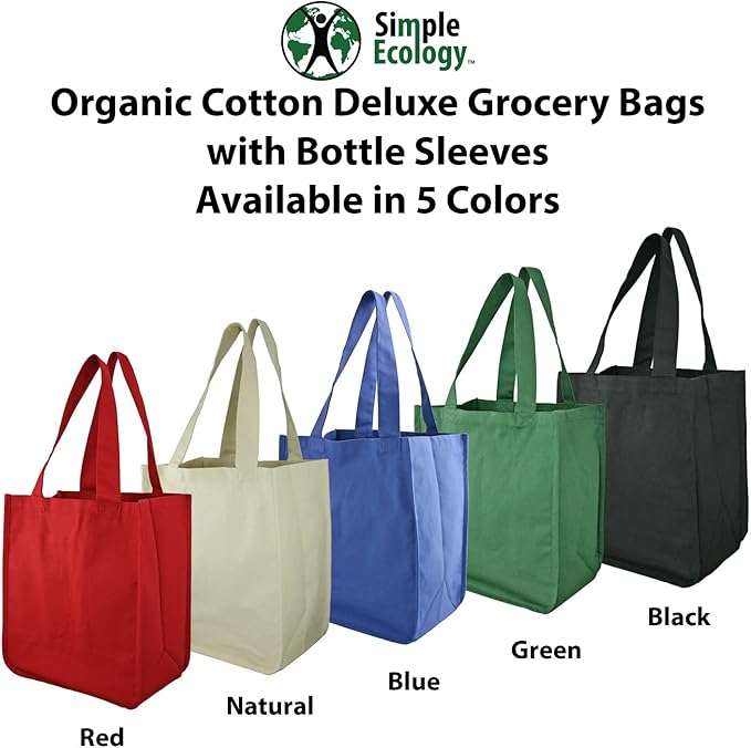 Simple Ecology Organic Cotton Deluxe Reusable Grocery Shopping Bag; Bottle Sleeves, Rigid Bottom Support (UPDATED DESIGN)