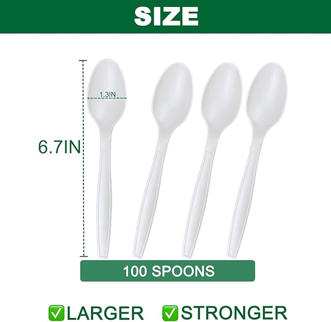 100pcs 100% Compostable Biodegradable Utensils Disposable Cutlery Set Cornstarch Spoon Fork Knife Alternative to Plastic (Spoon 100)