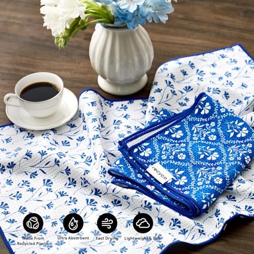 RECYCO Waffle Kitchen Towel Set of 2 - Quick Dry Microfiber Sustainable Dish Towels - Ultra Absorbent Reusable Cleaning Tea Towels - Lightweight Hand Towels,16”x 28”, Coastal Bliss - Image 3