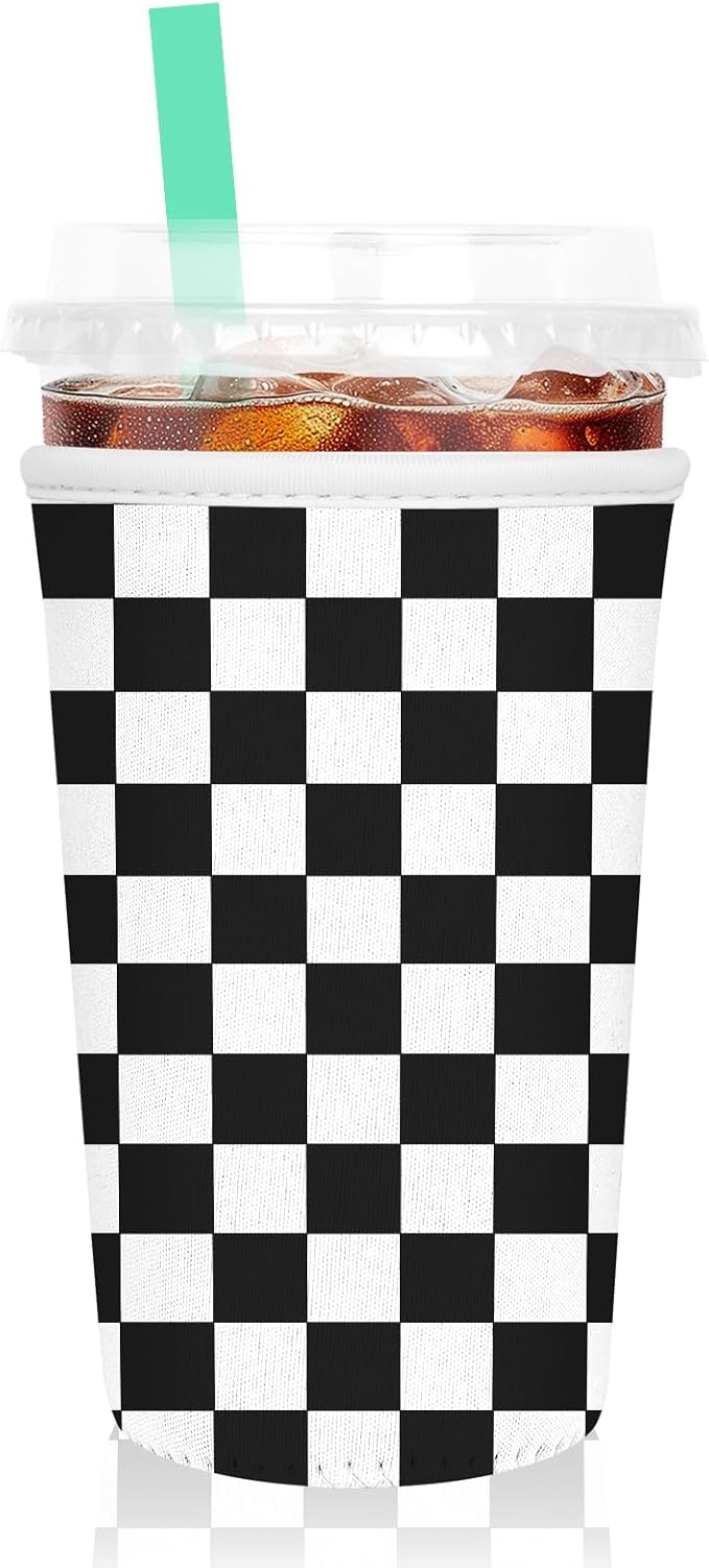 Iced Coffee Sleeve, Reusable Insulated Neoprene Cup Sleeve for Cold & Hot Drinks Beverages, Cup Holder for 32oz Coffee Cups, Black Plaid