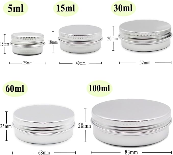 5pack Aluminum Tin Metal Jars with Screw Cap Lids, 30ml Empty Makeup Lip Balm Containers Round Travel Cosmetics Pots Cans for DIY Cream Candle Powder Tea Beads (5/15/30/60/100ml, mixed size)